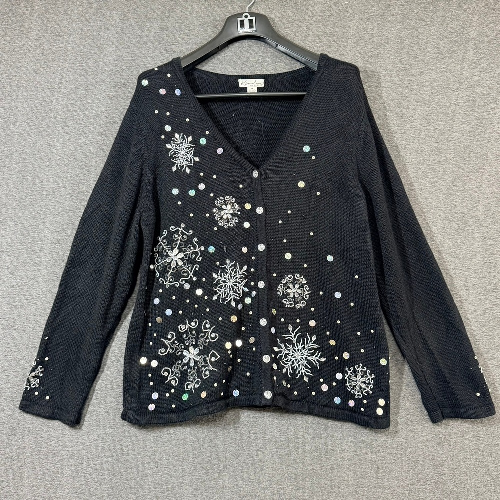 Kim Rogers Womens Cardigan 1X Black Snowflake Sequin Beaded Christmas Sweater